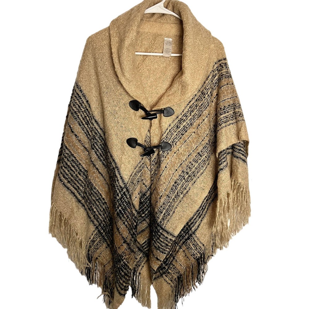 Poncho Blanket Shawl Fringe Cape Black Gold‎ Gray Button Loops OSFM. Acrylic